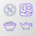 Set line Oil lamp, Date fruit in bowl, Ramadan fasting and No Smoking icon. Vector