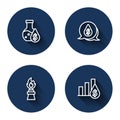 Set line Oil petrol test tube, drop with dollar symbol, rig fire and Pie chart and with long shadow. Blue circle button