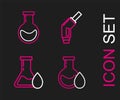 Set line Oil petrol test tube, Gasoline pump nozzle and Test and flask icon. Vector