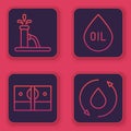 Set line Oil pump or pump jack, Stacks paper money cash, Oil drop and Oil drop. Blue square button. Vector Royalty Free Stock Photo