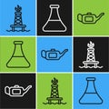 Set line Oil rig with fire, Canister for motor oil and Oil petrol test tube icon. Vector