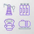 Set line Oil tank storage, tanker ship, Industrial gas cylinder and pump pump jack icon. Vector