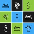 Set line Oil tanker ship, Bottle of water and Withered tree icon. Vector