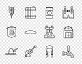 Set line Oktoberfest hat, Beer tap, can, Violin, Wheat, Homemade pie, Braid and Farm House icon. Vector