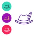 Set line Oktoberfest hat icon isolated on white background. Hunter hat with feather. German hat. Set icons colorful