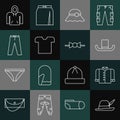 Set line Oktoberfest hat, T-shirt, Man, Elegant women, Pants, Hoodie and Bow tie icon. Vector