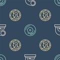 Set line Old gramophone, Ancient coin and Vinyl disk on seamless pattern. Vector