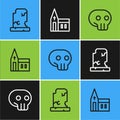 Set line Old grave with tombstone, Skull and Church building icon. Vector