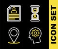 Set line Old hourglass, Human head with gear inside, Map pin and Resume icon. Vector Royalty Free Stock Photo