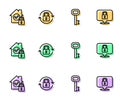 Set line Old key, House under protection, Lock and icon. Vector Royalty Free Stock Photo
