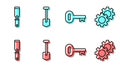 Set line Old key, Rasp metal file, Shovel and Gear icon. Vector