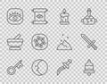 Set line Old key, Ringing alarm bell, Burning candle, Moon, Masons, Tarot cards, Dagger and Medieval sword icon. Vector Royalty Free Stock Photo