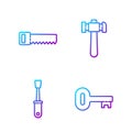 Set line Old key, Screwdriver, Hand saw and Hammer. Gradient color icons. Vector Royalty Free Stock Photo