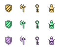 Set line Old key, Shield, Medieval axe and Blacksmith apron icon. Vector Royalty Free Stock Photo