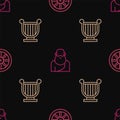 Set line Old wooden wheel, Ancient lyre and Socrates on seamless pattern. Vector