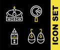 Set line Omelette in frying pan, Earrings, Giralda and Crown of spain icon. Vector