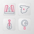 Set line Omelette in frying pan, Spanish guitar, Map of Spain and Gate Europe icon. Vector