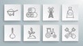 Set line Onion, Roll of hay, Sprout, Tractor, Shovel and rake, Windmill, Bag flour and Wheelbarrow with dirt icon Royalty Free Stock Photo