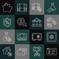 Set line Online banking with dollar, Safe, Coin money, Money percent, Loan, Piggy and Bank building icon. Vector