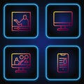 Set line Online book on mobile, education, and Computer monitor screen. Gradient color icons. Vector Royalty Free Stock Photo