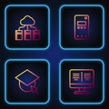 Set line Online book on monitor, Graduation cap globe, Cloud online library and Mobile phone. Gradient color icons