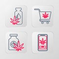Set line Online buying marijuana, Medical bottle with, Shopping cart and Marijuana or cannabis leaf oil icon. Vector