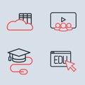 Set line Online class, Graduation cap with mouse, education and Cloud or online library icon. Vector