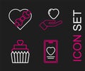 Set line Online dating app and chat, Wedding cake with heart, Heart hand and Candy shaped box icon. Vector