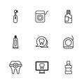 Set line Online dental care, Dental floss, Mouthwash, Tooth, Electric toothbrush, and Tube of toothpaste icon. Vector