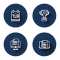 Set line Online education, Award cup, quiz, test, survey and with long shadow. Blue circle button. Vector