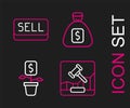 Set line Online internet auction, Dollar plant, Money bag and Sell button icon. Vector