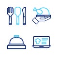 Set line Online ordering and delivery, Hotel service bell, Roasted turkey chicken and Fork, spoon knife icon. Vector