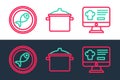 Set line Online ordering and delivery, Served fish on plate and Cooking pot icon. Vector Royalty Free Stock Photo