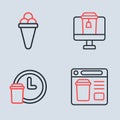 Set line Online ordering food, Round the clock delivery, and Ice cream waffle icon. Vector