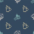 Set line Online ordering noodles delivery, Coffee cup to go and and on seamless pattern. Vector