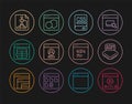 Set line Online play video, Processor, Books about programming, Create account screen, MySQL code, Flowchart, Page with Royalty Free Stock Photo