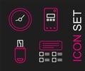 Set line Online quiz, test, survey, USB flash drive, Mobile phone and Clock icon. Vector Royalty Free Stock Photo