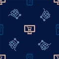 Set line Online shopping on phone, Shopping cart and food and monitor on seamless pattern. Vector Royalty Free Stock Photo