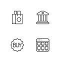 Set line Online shopping on screen, Buy button, Paper bag and Bank building icon. Vector