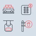 Set line Online ticket booking, Cable car, Cafe and restaurant location and Cargo train wagon icon. Vector Royalty Free Stock Photo