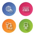 Set line Online working, Video chat conference, and Office chair. Color circle button. Vector