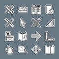 Set line Open book, Folding ruler, Triangular, Supermarket building, Pixel arrow cursor, Crossed and pencil, and icon Royalty Free Stock Photo