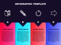 Set line Open book, Pencil, Refresh and Arrow. Business infographic template. Vector