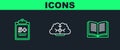 Set line Open book, Test or exam sheet and Human brain icon. Vector