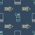 Set line Open matchbox and matches, Fire exit and Fire extinguisher on seamless pattern. Vector Royalty Free Stock Photo