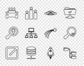 Set line Open in new window, Folder tree, UFO flying spaceship, Server, Data, Web Hosting, Car wash, Computer network Royalty Free Stock Photo
