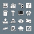 Set line Open in new window, Unknown directory, Two crossed hammers, Folder tree, Hammer, Trash can, Police badge and Royalty Free Stock Photo