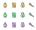 Set line Open padlock, Bottle with love potion, Playing cards and Magic staff icon. Vector Royalty Free Stock Photo