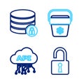 Set line Open padlock, Cloud api interface, Cooler bag and Server security with icon. Vector