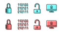 Set line Open padlock, Safe combination lock, Binary code and Lock on computer monitor icon. Vector Royalty Free Stock Photo
